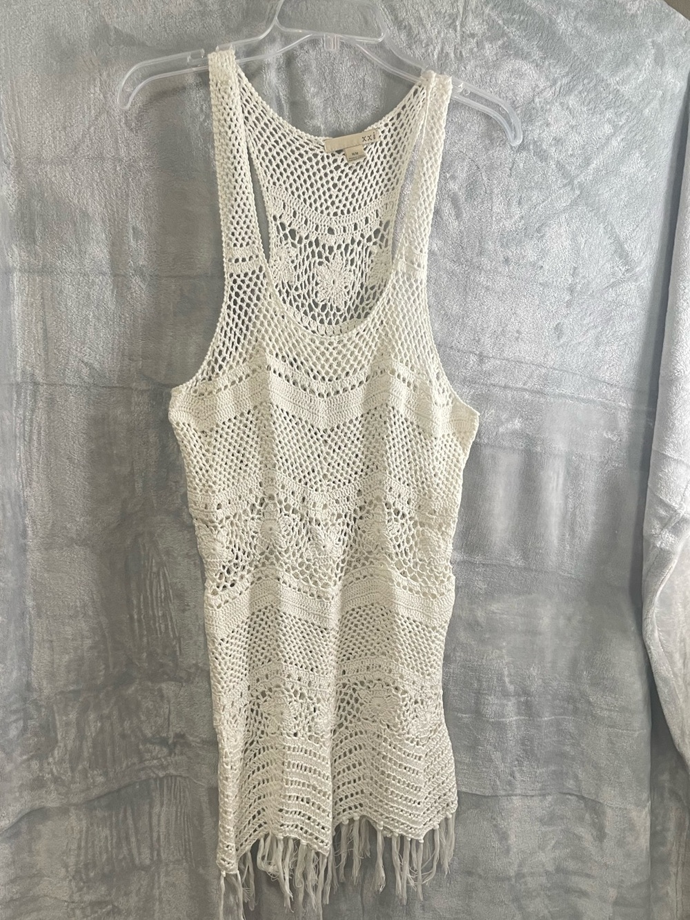 Crochet mini dress fringe swim coverup - Picture 6 of 16